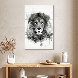 Elephant Stock - Lion Head Black And White Wall Art - Vertical Multi Panel Canvas - 3 Piece Living Room Wall Decor - Watercolor Lion Multi Piece Wall Art - Black And Gray Decor by Cornel Vlad - 24" x 38"
