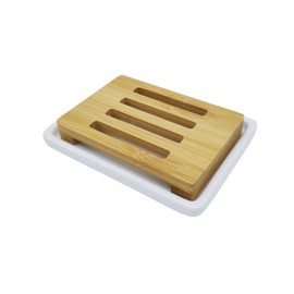 lofekea Ceramic Soap Dish Bamboo Soap Holder for Bathroom and Shower Double Layer Draining Soap Box
