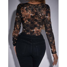 SweatyRocks Women's Sheer Floral Lace Long Sleeve Bodysuit Tops Sweetheart Neck Jumpsuit Black Medium