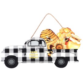 Vintage Hanging Buffalo Plaid Truck Bee Board Sign Wooden Hanging Truck Carrying Bee Honeycomb Farmhouse Door Sign Plaque Decor for Kitchen Room Farm Front Door Porch, 11.8 Inch