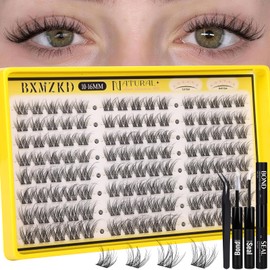 Lash Clusters Kit Natural Eyelash Clusters Kit with Cotton Band 10-16mm C Curly Wispy Cluster Eyelash Extensions Natural Fluffy Cluster Lashes for Beginners with Bond & Seal and Tweezers