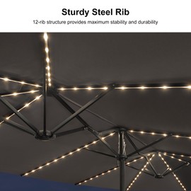 PURPLE LEAF 13ft Patio Market Umbrella with Solar Lights and Base Double-Sided Rectangle Outdoor Table Sun Umbrellas with Crank for Pool Beach Deck Backyard Light Gray