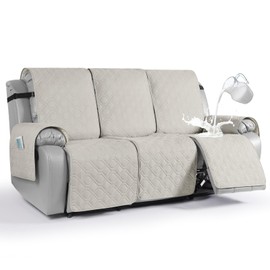 Waterproof Recliner Couch Covers, Sofa Covers Non-Slip 1-Piece Washable Reclining Sofa Cover Furniture Protector with Elastic Straps Pocket for Dogs, Pets(Beige,3 Seater)
