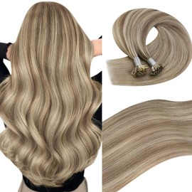 Easyouth U Tip Hair Extensions Highlight U Tip Hair Extensions Real Human Hair Light Brown Highlight with Medium Blonde K Tip Hair Extension Human Hair for Women 18Inch 50G 50S