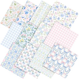 Mindsoft 12 Pcs Coquette Floral Fabric Bundles 18 x 22 Inch Cotton Pastel Ditsy Floral Hydrangea Fat Quarters Blue Pink Bow Gingham Quilting Fabric Patchwork Squares for Sewing Quilts DIY Craft