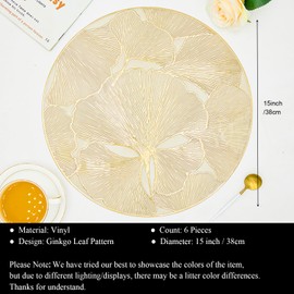 Gold Round Placemats Set of 6 Metallic Pressed Vinyl Place Mats for Dining Table Centerpiece Decor Ginkgo Leaf Table Mats Non Slip Heat Resistant 15 Inch