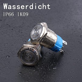 JIQI 2 x 16 mm latching pressure switch, metal, 12 V to 24 V, 3 A, latching on/off switch with green LED symbol, IP66, 1NO1NC, self-locking waterproof pre-wired push button for boat, truck, RV, car