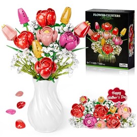 Utbttor - Kit de construcción de ramo de flores, rosas rojas y tulipanes, juego de 680 bloques de construcción, día de San Valentín, día de la madre, regalo de cumpleaños de Navidad para adultos y