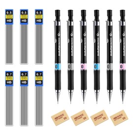 RYAN Set of 6 Mechanical Pencils, 12 Tubes, Pencil Leads 0.5/0.7 mm and 4 Erasers, Mechanical Pencil Set with Lead for Sketching, Drawing, Writing and Homework, Office Accessories