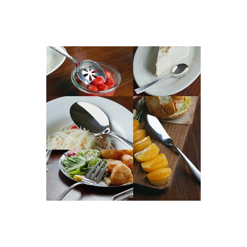 Kelenfer Stainless Steel Silverware Serving Set Hammered Silver Mirror Finished