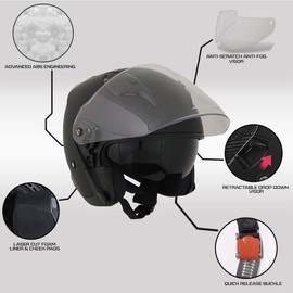 Milwaukee Performance Helmets MPH9805DOT Shift Open Face 3/4 Matte Black Helmet Biker w/ Drop Down Visor - Large