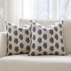 Meekio Set of 2 Navy Blue Pillow Covers 18 x 18 inches Linen Throw Pillow Covers with Floral Block Print for Sofa Couch Decor