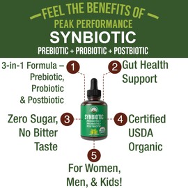 Organic Synbiotic = Prebiotics + Probiotics + Postbiotics 3-in-1 Supplement for Women, Men, & Kids. Pre, Pro, & Post Biotics Liquid Drops for Gut + Microbiome Balance. Made in USA, Vegan, Zero Sugar