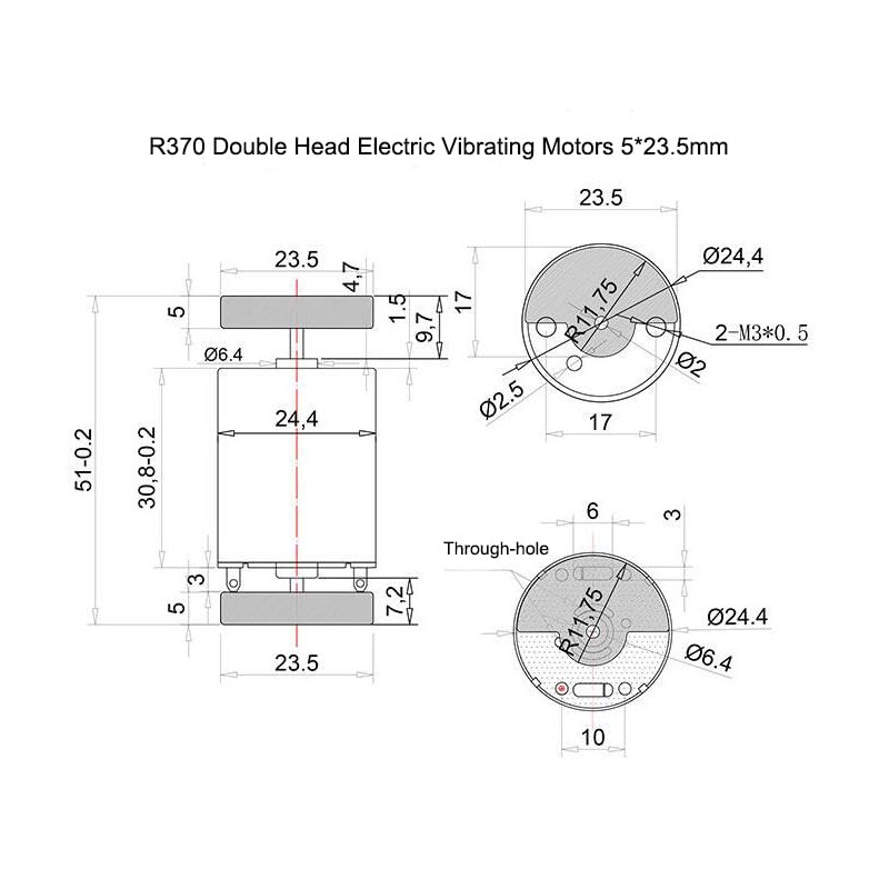 Daohaodeli Mini Brushed Vibration Motor R370 DC 12V-24V 8000RPM Dual
