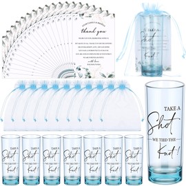 Sliner 100 Set Wedding Favors for Guests Bulk 2oz Acrylic Take a Shot We Tied the Knot Shot Glasses with Thank You Cards Organza Bags for Guest Souvenirs Wedding Newlyweds Bridal Shower Gifts (Blue)