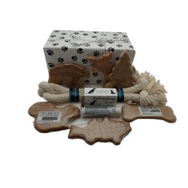 SanAndCo Pampered Puppy Deluxe Welcome Box - Made in NH Treats Tug Toy Soothing Paws Balm and Refreshing Shampoo - in Paw Print Wrapped Box