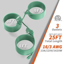PlugSaf 25 FT Green Outdoor Extension Cord with Multiple Outlets, 16/3 Gauge Outdoor Green Extension Cord Evenly Spaced 3 Outlets Plugs Waterproof, 13AMP 1625W 125V 16AWG SJTW, ETL Listed
