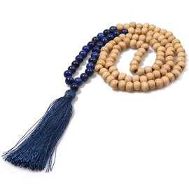 BALIBALI 8MM Semi-Precious Gem Stones Wood Mala Bead Necklace Multicolor Tassel Charms Chain Necklace Handmade Beaded Pendant Necklace for Women Men, Wood