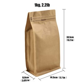50 Pieces 1 Kg Kraft Paper Stand Up Coffee Bag/Flat Bottom Pouch with Air Release Valve and Reusable Side Zipper. (50pcs, 2.2lb/32oz/1kg)
