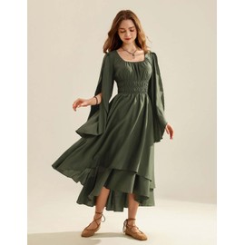 Women Renaissance Costume Split Bell Sleeve Double Layered High Low Dress Olive Green M