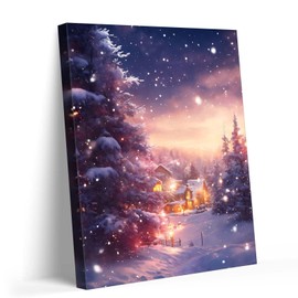 Enchanted Snowy Village Canvas Wall Art - Glowing Christmas Cottage Scene at Sunset - Rustic Academia Winter Home Decor, Oil Painting Wall Decor, Spectacular Xmas Prints Artwork, Framed 20x24inch