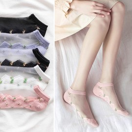 DAMILY Women's Summer Ankle Socks, Cute, See-through, Flower Pattern, Lace Socks, Thin, Transparent Socks, Women's, Stylish, Summer, Cool Socks, Set of 5 Pairs, Small flower color 2 short