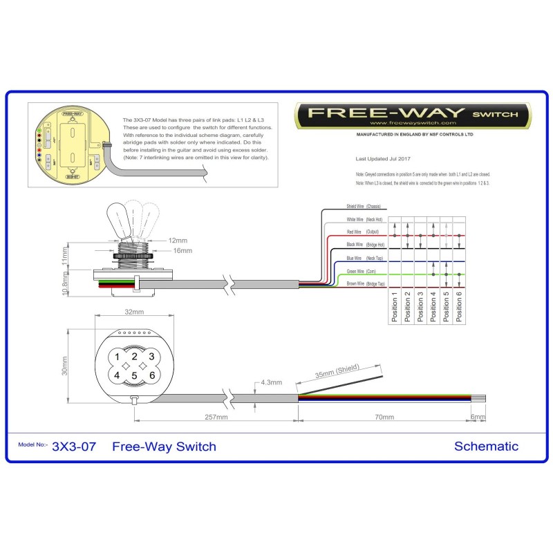 Free-way 3X3-07 prewired 3 Way 6 Position Toggle Switch, Nickel