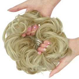 OMGREAT Messy Bun Hair Piece Scrunchies Extension Curly Wavy Updo Hairpieces Synthetic Chignon Ponytail Hair Accessories for Women Girls (Ash Blonde Mix Bleach Blonde)