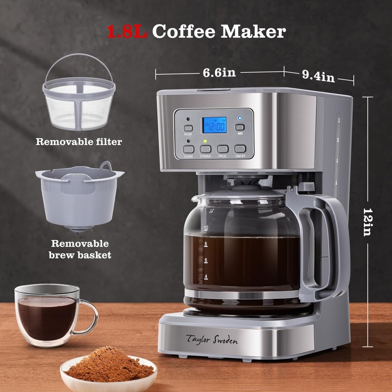Taylor Swoden 12-Cup Programmable Coffee Maker, Regular & Strong Brew
