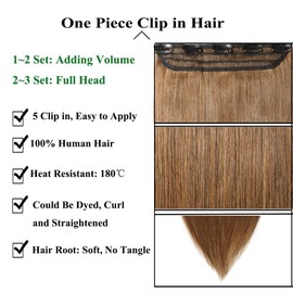 12 inch Clip in Hair Extension Human Hair One Piece 100% Real Remy [#6 Light Brown] 3/4 Full Head Straight Hair Pieces for Women Invisible Short (40g)