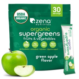 Zena Nutrition Organic Super Greens Powder, 70+ Superfoods, 0 Sugar, 3G Fiber, Spirulina, Chlorella, Antioxidants, Prebiotics/Probiotics, Digestive Enzymes, Green Apple, 30 Drink Mix Packets