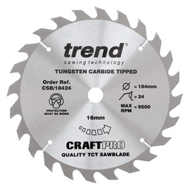 Trend Wood Circular Saw Blade, 184mm Diameter, 16mm Bore, 24 Teeth, TCT, 2.6mm Kerf, +15° Hook, CSB/18424