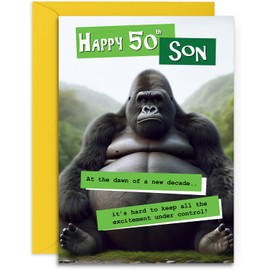 Funny Son 50th Birthday Card - Grumpy Gorilla Design for Him - Fun Age 50 Happy Birthday Card for Son - A5 Size Card with Yellow Envelope