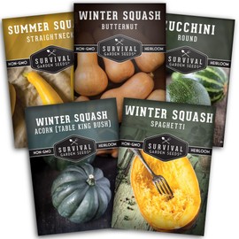 Squash Seed Collection to Plant - 5 Packs of Summer & Winter Squash - Round Zucchini, Straightneck Yellow, Spaghetti, Butternut, Acorn - Non-GMO Heirloom Open-Pollinated - Survival Garden Seeds