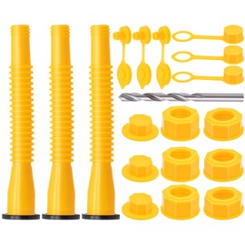 MEAJOO Yellow Gas Can Spout Replacement, 1/2/5/10 Gallon Gas Can Nozzle Kit, include 2 Different Size Screw Collar Caps, Gas Can Vent Caps, Base Caps, Thick Rubber pad and Spout Cover(3 Kit)