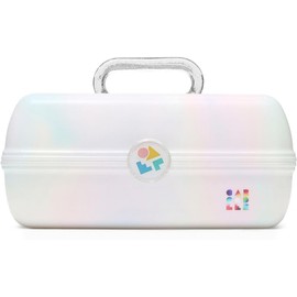 Caboodles On-The-Go Girl Caja de maquillaje de ópalo blanco, caja organizadora de maquillaje de plástico duro, espejo integrado, cierre seguro para viajes seguros, almacenamiento amplio para artículos