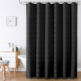 LilyCat Boho Farmhouse Black Fabric Shower Curtain, 72x72 Tufted Pleat Floral Puffs Textured Tassel Cute Shower Curtain for Rustic Vintage Bathroom Decor, Shabby Chic Shower Curtain with Hooks