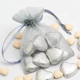 Gmnosuw Pack of 50 Organza Drawstring Gift Bags for Jewelry,Chocolate,Bows,4x6 Inch Sheer Fabric Mesh Silver Grey Tulle Sachet for Baby Shower,Christmas,Baby Boy Birthday,Party Favors,Wedding,Holiday