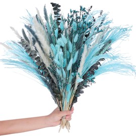 Thiccywoov 120 Pcs Blue Natural Dried Pampas Grass Fall Decor 17 Inches Autumn Fluffy Grass Bouquet Eucalyptus Boho Decor for Vase Wedding Floral Room Home Party Table Centerpieces Decorations