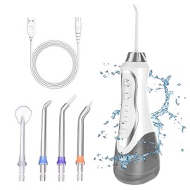 Irrigador Oral Inalámbrico Portátil, Water Flosser, 4 Modos y 5 Puntas de Chorro, IPX7 Impermeable, 300ml Irrigador Bucal, Hilo Dental de Agua Dental para El Hogar, Blanco