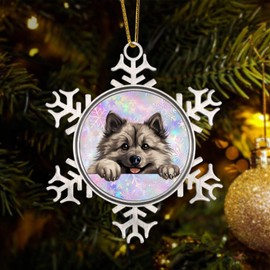 CowkissSign Keeshond Christmas Snowflake Ornament Keeshond Cute Funny Peeking Dog Puppy Metal Snowflake Xmas Ornaments Dog Gift Decorative Hanging Ornaments to Dog Lovers