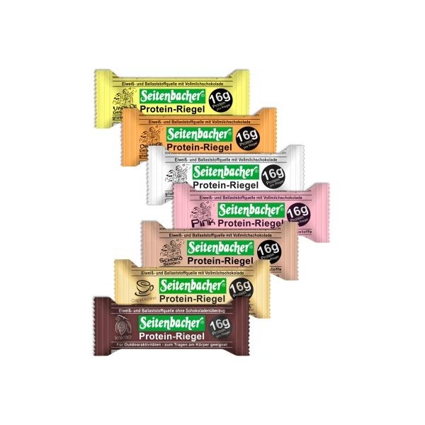 Seitenbacher Pack of 7 Protein Bars, Cappuccino, Vanilla, Orange, Chocolate, Strawberry, Cocoa Mix, 16 g/60 g = 27% Protein, Gluten-Free, Glycerine-Free, 7 x 60 g