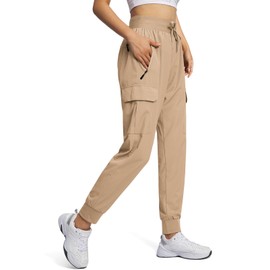 GuYongZ Womens Cargo Joggers Pants Quick Dry Workout Pants Lightweight Hiking Outdoor Travel Casual Sweatpants Elastic Waist Zipper Pocket Khaki