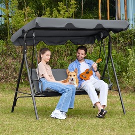 JEAREY Outdoor Swings 3-Person Porch Swing with Stand Patio Swings with Canopy and Removable Cushion Swing Chair Outdoor for Adults, Backyard, Yard, Garden, Grey