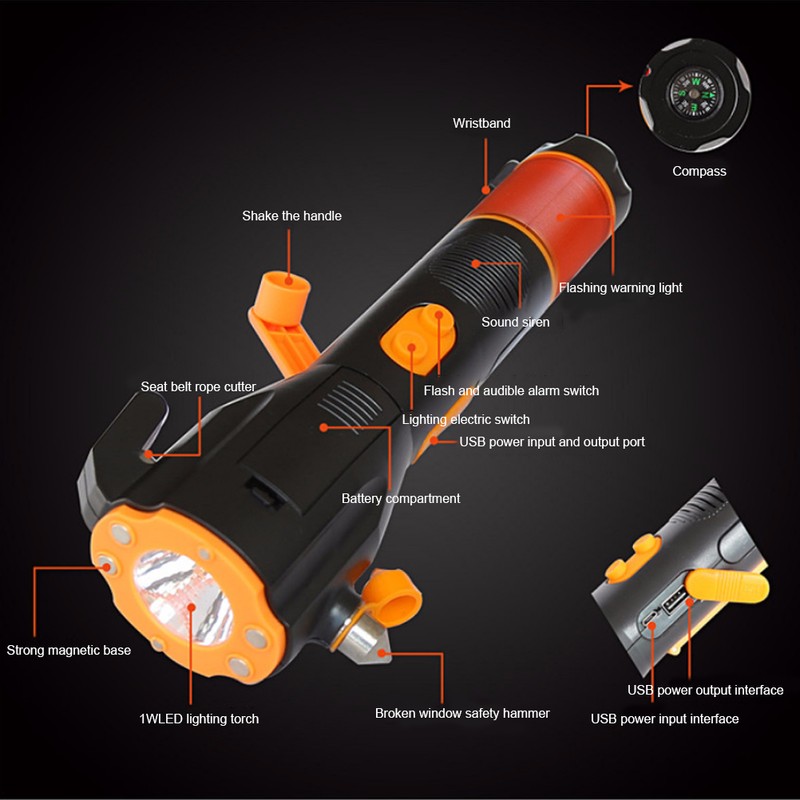 Hand Crank Flashlight Rechargeable LED Flashlights with SOS Alarm Emergency