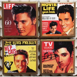 Elvis magazine cover coasters with gold trim
