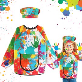 YFPOPONE Painting Smock With Hat, Art Apron For Kids With Pockets, Waterproofing Kids Painting Apron, Children Long Sleeve Painting Apron, Kids' Artist Aprons For Painting Cooking Eating
