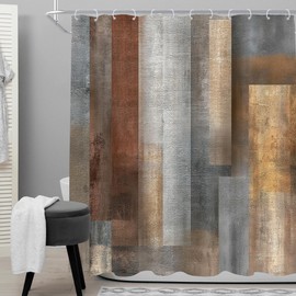 Cinbloo Brown Abstract Grey 72Wx72H Shower Curtain Rustic Vintage Country Farmhouse Painting Simple Blocks Modern Minimalist Bathroom Curtain Set Aesthetic Bath Bathroom Accessories Decor