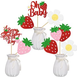 Umoni Strawberry Baby Shower Centerpiece Sticks - 16pcs Bamboo Glitter Berry Sweet Table Decorations for Baby Shower, Birthday Party, Wedding & More