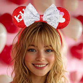 Zoestar Valentine's Day Headband Bow Hair Band Sequins Mouse Ear Headband Festival Costume Hair Accessories for Women